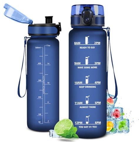Bouteille d'eau 1L, Étanche et Réutilisable, Gourde Sport 1 Litre avec Marqueur de Temps et Filtre, Gourde, Bouteille pour Adulte, l'école, Cyclisme, Voyage, Camping, Fitness, Yoga, Bureau, Gym