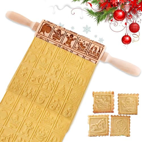 Rouleau à Pâtisserie de Noël, Rouleau à Pâtisserie 3D en Bois, Rouleau à Pâtisserie en Relief, Rouleau à Pâtisserie à Motifs pour Pâtisserie DIY, Biscuits, Desserts, Pain, Sandwichs