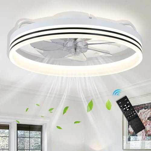 FRIXCHUR LED Flush Mount Ceiling Fans with Lights, Dimmable Chandelier Ceiling Fan 6 Speeds Modern Bedroom Low Profile Fandelier Ceiling Fan for Living Room Kitchen (White)