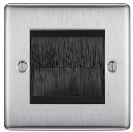 BG Brushed Steel Single 2 Gang Brush Cable Entry Wall Plate Black Insert Square