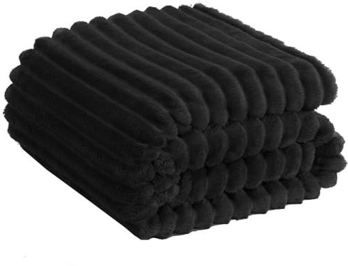 Soft Fleece Blanket Throws - Fluffy Warm Double King Luxury Osum Ribbed Throw for Bedroom, Sofa Couch, Night Bed Blankets (Black, King (200x240 cm))