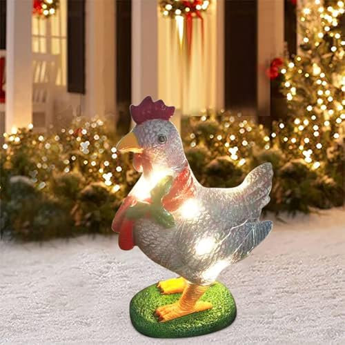 Weihnachtsdeko Gartendeko Huhn für Draußen, Glitzernd Gartenhuhn aus Harz Weihnachtshuhn Gartenstatue Weihnachten Henne Dekoration 3D Gartenfigur Huhn Deko Weihnachts Hühnerstatue Ornamente (21cm)