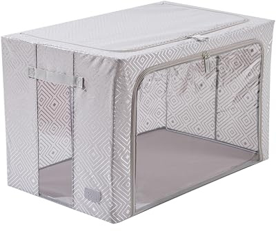 Periea ‘Beau’ Folding Collapsible Stackable Fabric Home Storage Boxes with Steel Frames (Metallic Grey, Jumbo)