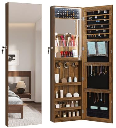 SanzIa Armoire à Bijoux à Miroir LED, Armoire à Bijoux Murale avec Porte Suspendue, Organisateur de Rangement pour Chambre à Coucher, Dressing(Left Open)