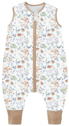 Chilsuessy Baby Sommerschlafsack mit Füßen 0.5 Tog Kleine Kinder Schlafsack mit Beinen Unwattiert 100% Baumwolle Schlafstrampler für Jungen und Mädchen, Pilzkaninchen, 80cm/Baby Höhe 90-100cm