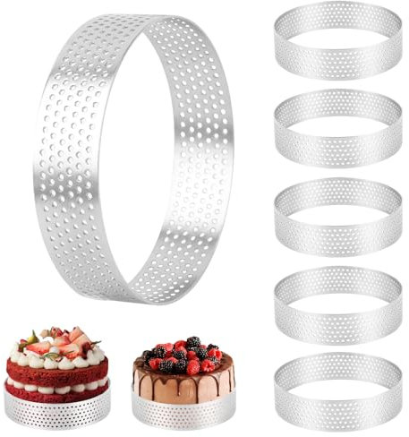 TOSAVGA 6 Stück Runder Edelstahl-Tortenring, 8cm Perforierter Dessertringe Mousse Ring, Mousse Tartelette Förmchen, Runde Kuchen Backen Werkzeuge für Fruit Cakes, Quiches, Muffins, Mini-Pizzen