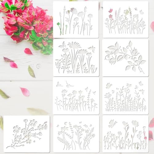 HJZHII 9 Stück Blumen Schablonen Malen,12x15cm Wildblumen Stencil Schablonen,Malschablonen Schablone Textilgestaltung Wiederverwendbare Blumenschablone DIY Natur Vorlagen für Malerei Möbel Home Decor