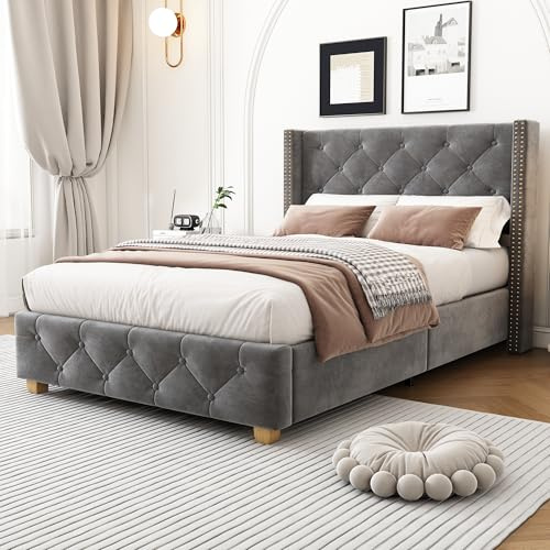 BTM Upholstered Single Bed 3ft(90 * 190cm), Single Bed Frame with Headboard, Slatted Frame, Button & Rivet upholstery and Wooden Leg, Grey Velvet
