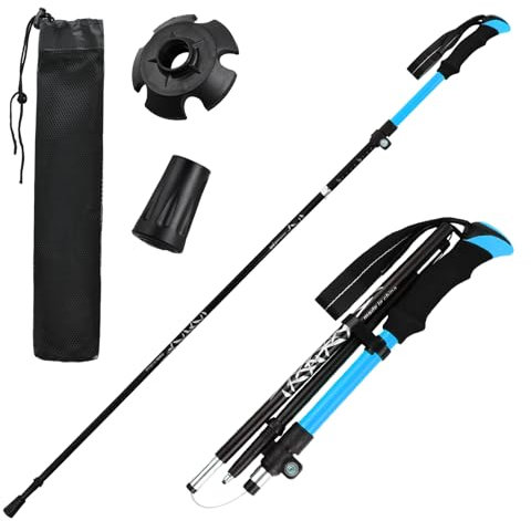 2 Pièces Bâtons de Randonnée, Baton de Marche Pliable, Bâton de Trekking Retractable Télescopique, Canne de Marche Ultraléger pour Homme, Femme, Alpinisme, Ski, Trekking (Réglables 113-138cm) (Bleu)