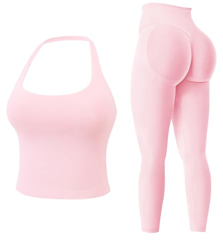 MAYROUND Womens Workout Sets Gym Outfits 2 Pieces Seamless Longline Halter Backless Crop Top Hidden Scrunch Leggings Yoga Tracksuit
