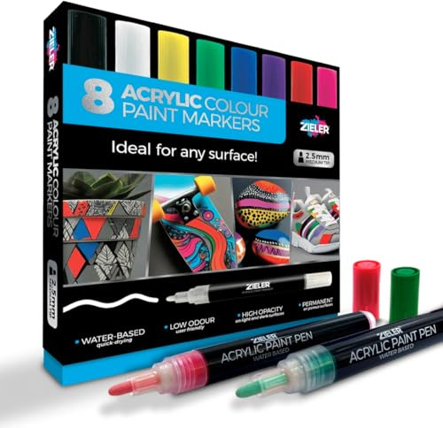 ZIELER Acrylic Color Paint Marker Pen Set, 2.5mm Medium Tip, 8 Assorted Bright Colors