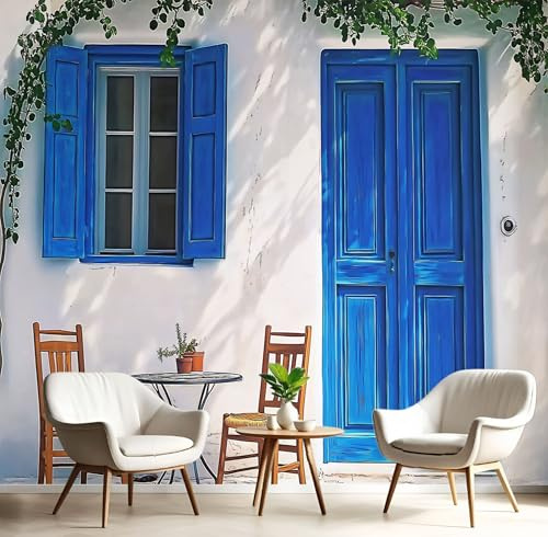 MIATCENRT Papier Peint Panoramique 350x256cm (L×H), 3D Portes Fenêtres Chaises Photo Murales Tissu de Soie Peinture Interieur Méditerranéen Geant Tableaux, Chambre Salon Décoration Muraux, Bleu Blanc