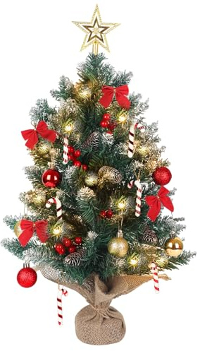 Weihnachtsbaum mit Beleuchtung 60cm,Künstliche Weihnachtsbäume Geschmückt,Mini Christbaum,Tannenbaum Lichterkette Deko mit Weihnachtskugel Tannenzapfen Christbaumspitze Weihnachtsdeko (B)