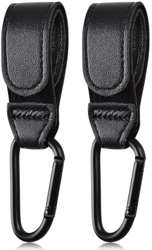 FAYAHAR 2 Stück Kinderwagen Haken, Kinderwagenhaken für Taschen, Schwarz | Stroller Hooks aus Leder, mit Klettverschluss, Hohe Belastbarkeit, Robust und Langlebig, für Wickeltasche Taschen Beutel