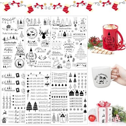 Kerzentattoos Weihnachten, ZEACKUQ 6PCS Kerzen Tattoo Aufkleber Weihnachten DIY Wasserschiebefolie Weihnachts Kerzen Rub On Sticker Folie Kerzenaufkleber Kerzentattoo für Raysin Keraflott Glas Holz