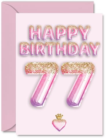 77th Birthday Cards for Women and Men, Pink & Purple Glitter Balloons | Happy Birthday Card for 77 Year Old Man Woman Uncle Brother Grandad Sister, A5 Bday Greeting Cards