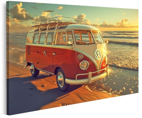 islandburner Prime Bild auf Leinwand Kult T1 alter Kult Bus am Strand bei Sonnenuntergang Vintage Abenteuer - Leinwand 80x40cm