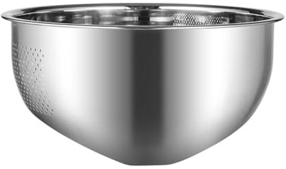 SageFurned Stainless Steel Rice Washer and Strainer Bowl with Side Drain Holes for Efficient Rinsing of Fruits, Vegetables, and Grains, 26 x 26 x 12.5 cm, Silvery