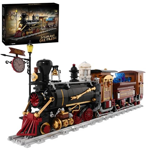 Unativer Steampunk Erzbergwerk Zug Bausteine Bausatz, 1402 Teile Industrielle Dampflok mit Güterwagen, Mechanisches Eisenbahn Baumodell Baustein Spielzeuge im Vintage Stil für Dekoration