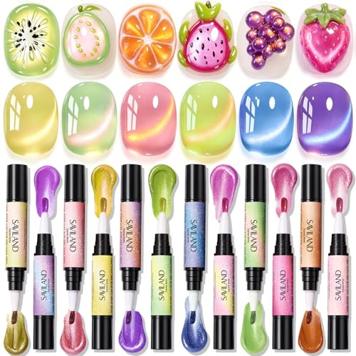 SAVILAND One Step Nagellack Stift, Jelly Cat Eye Nagellackstifte für Nägel, 12 Farben 3 In 1 Gel Nagellack Set für Anfänger Einfach zu Bedienen, Praktischer Drehverschluss, Salonqualität für zu Hause
