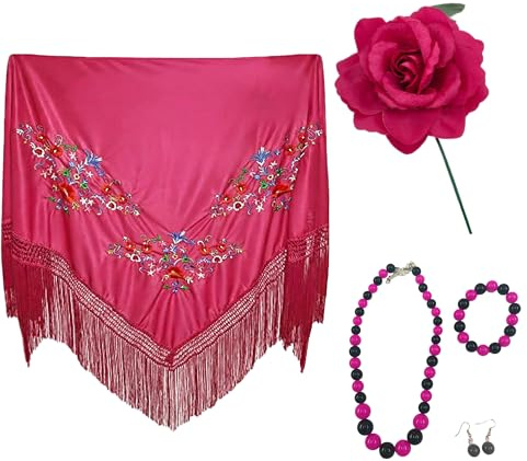 Carnavalife Pack accesorios flamenca mujer para feria de abril, mantón, Flor Rosa artificial con palo, bisutería perlas de plástico, traje flamenco, sevillanas