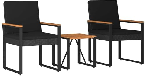 vidaXL Gartenmöbel Set mit Kissen 3 pcs Schwarz Poly-Rattan, Stylische, rechteckige, wetterfeste Gartenmöbel, Patio-Set, Akazienholz, perfekt für draußen