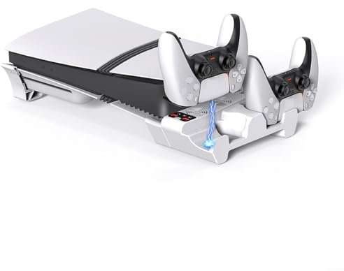 Crabop Horizontal Cooling Stand for PS5 Pro/Slim, with 3-Level Fan & Dual Controller Charger, ABS Base with LED Indicators for Gaming Setup