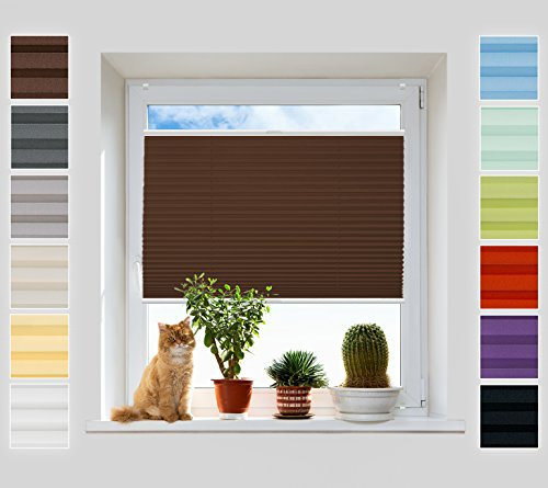 Plissee Rollo ohne Bohren - Jalousie mit easyfix Metall Klemmträger | SUPER Pearl Stoffkollektion | Leicht zu montieren | Faltrollo Sichtschutz, Sonnenschutz, Fenster - [Braun, B: 35cm, H: 70cm]