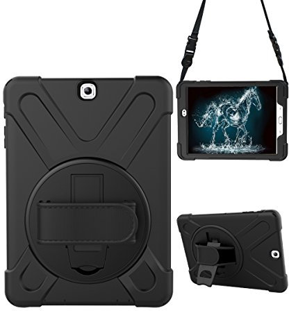 STLDM - Custodia per Galaxy Tab S2 9,7, resistente agli urti, a tre strati, ibrida resistente agli urti, per tablet Samsung Galaxy Tab S2 da 9,7, con cavalletto, tracolla, colore: Nero