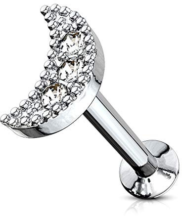 BlackAmazement 316L Edelstahl Labret Monroe Tragus Helix Ohrstecker Halbmond Mond Crescent Sichel Zirkonia CZ Rose Gold Silber pink Aqua Regenbogen Damen (Farbe: Silber - Stablänge 6 mm)