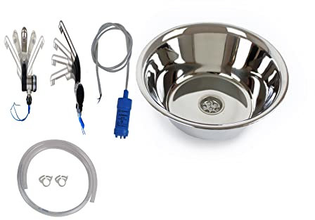Edelstahl Spülbecken Camping Waschbecken + Ablauf, 24 cm Rund + Wasserhahn 12V + 12v Tauchpumpe + Schlauch 1 Meter(ad-ideen)
