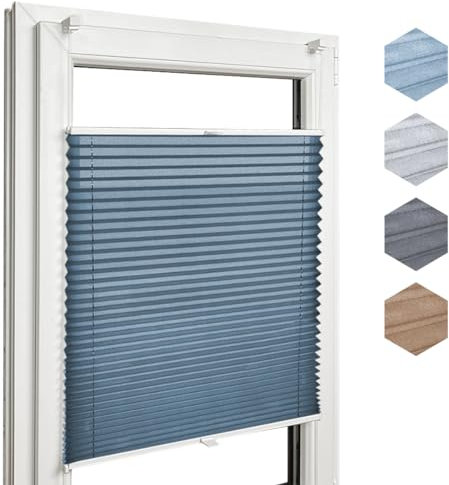 Home-Vision® Premium Plissee Faltrollo ohne Bohren mit Klemmfix, Kollektion „Melange” Leinenoptik (Blau, B130cm x H120cm) Modern Klemmträger