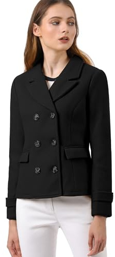 Allegra K Women's Elegant Coats Notched Lapel Double Breasted Short Pea Coat Black XL