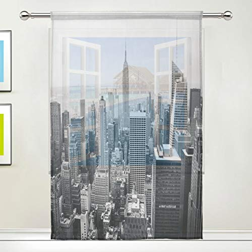 RXYY Tenda in voile per finestra New York City in bianco e nero con pannelli per cucina, soggiorno, camera da letto, porta, ufficio, 139,7 x 198,1 cm, 1 pannello