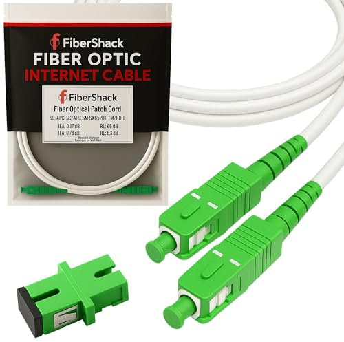 Fibershack - Cable de conexión de fibra óptica SC/APC a SC/APC de 3 pies / 1 m - Blanco - FTTH Home Fiber Internet Cable monomodo simple - Incluye acoplador