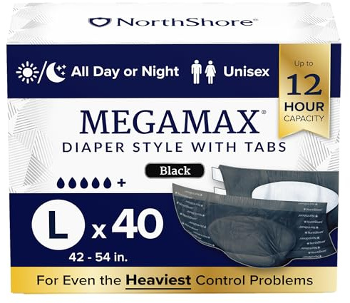 NorthShore MegaMax Windeln für Erwachsene für die Nacht, 12 Stunden mit Lasche, Größe L, 40 Stück, Schwarz, 106,7–137,2 cm, Uni-Unterwäsche für Inkontinenz