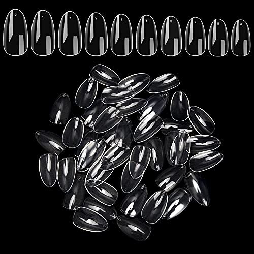 Noverlife Lot de 1 200 faux ongles courts en forme d'amande, 10 tailles, couverture complète - pour nail art, manucure et pédicure - Transparent