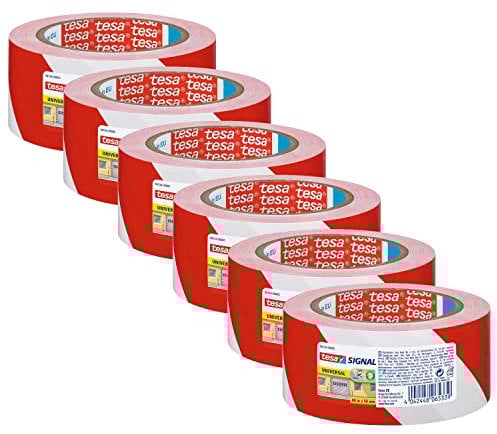 tesa Signal Markierungsklebeband UNIVERSAL - selbstklebendes Warnband Markierung und Kennzeichnung von Gefahrenzonen - 66 m x 50 mm, Rot-Weiß | 6 er Pack
