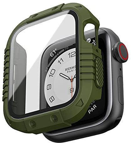 GELISHI Custodia compatibile per Apple Watch Case 44 mm Serie 6 5 4 SE con protezione schermo in vetro temperato, da uomo, resistente al paraurti in policarbonato rigido, antiurto, verde militare