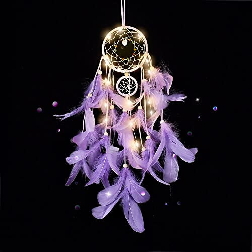 CHMMY LED Traumfänger Handgemachte Dreamcatcher Zimmer Deko Federn Wand Dekoration Traumfänger Mädchen Romantische Dekoration für Wandbehang Wohnkultur Ornamente Handwerk