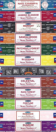 Satya Nag Champa Sunrise Sandelwood Midnight Patchouli Celestial Fortune Blessings Romance Super Hit Jasminblüte Regenwald Premium Sortierte Räucherstäbchen 15 g x 12 Stück