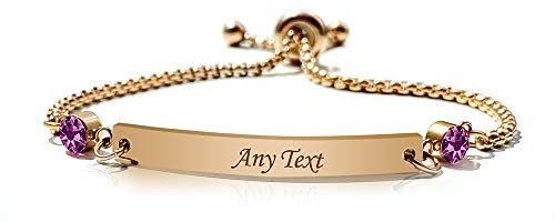 Personalised Birthstone Bracelets for Girls Engraved Bar Bracelet for Her Birthstone Custom Gift Mothers Day Birthday Christmas Friendship Mum Daughter Bridesmaid 13th 18th 21st 30th (February)
