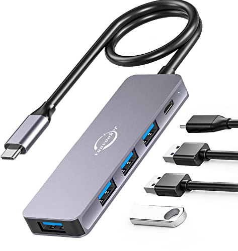 USB C Hub,Vunvooker 5in1 Mini Multiport Adapter mit langem Kabel,USB-C Expander für Laptop(100W PD,4 USB3.0),schlanker Dongle Daten Hub für MacBook Pro/Air,iMac,Surface,Notebook