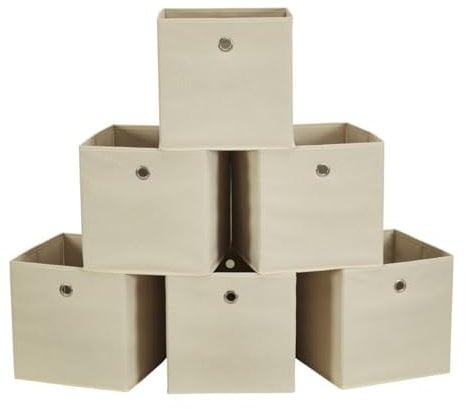 Webeasy Square Beige Canvas Fabric Storage Box, Pack of 6 Eyelet Cube Foldable Open Bins for Home Office Nursery Organisation,28X28X28(CM)