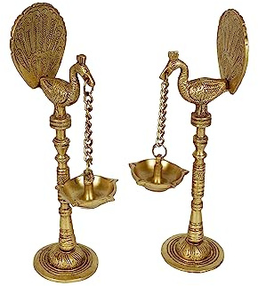 Two Moustaches Peacock Design 22,9 cm Messing hängende Diya Paar (2 Stück), Antikgelb, Standard