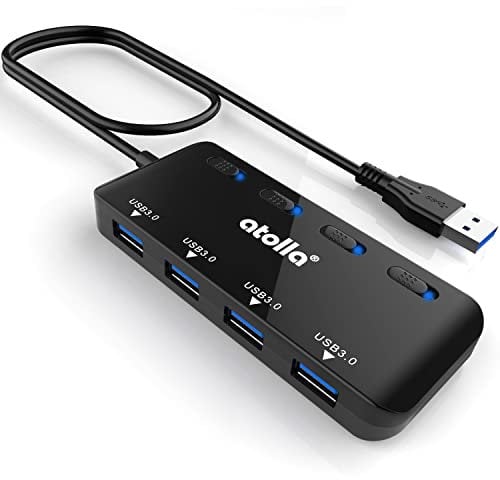 atolla Hub USB 3.0 Multiprise, Data Hub 4 Ports Ultra Fin avec câble étendu de 60 cm et Voyants de Commutateurs d'alimentation Individuels…
