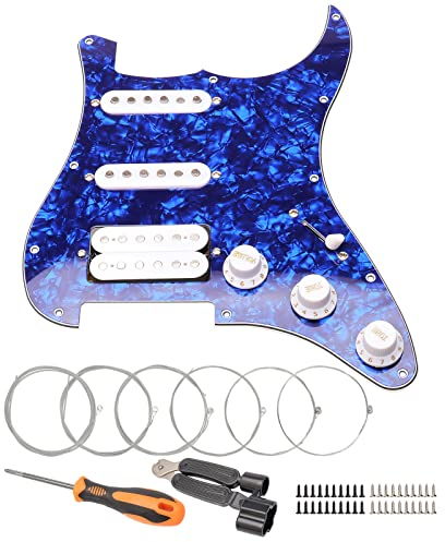 Unxuey SSH Vorverdrahtetes Schlagbrett-Set, 11 Loch belasteter Gitarren-Schlagbrett, Humbucker-Tonabnehmer mit Saiten und Reparaturwerkzeug, für Fender Stratocaster E-Gitarre