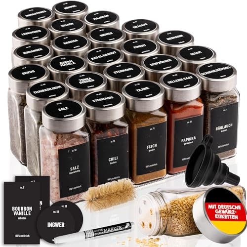 Deco haus® Pot a Epices en Verre avec Étiquettes d'épices Lot de 24 Boite a Epices Cuisine Rangement, Bocal Epices avec Couvercle Hermetiques - Boite Epices Cuisine, Rangement Epices