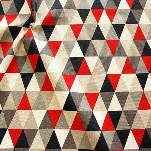 STOFFKONTOR Dekostoff bedruckt Halbpanama Leinen Optik Dreiecke - Öko-Tex Standard 100 - Meterware, Farbe Natur-Rot - zum Nähen von Tischwäsche, Kissen, Vorhängen, Dekoartikeln uvm.