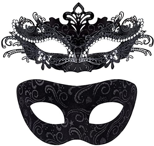 SIQUK 2 Stück Venezianische Maske Paar Maskerade Mask Venezianischen Maske Kostüm Masken für Damen Herren Halloween Karneval Party, Schwarz